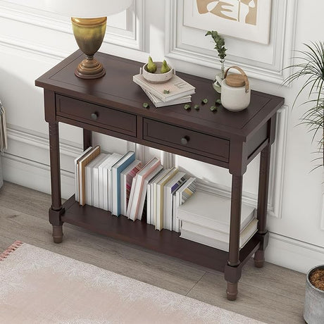 Narrow Entryway Table with 2 Storage Drawers and Bottom Shelf Wood Farmhouse