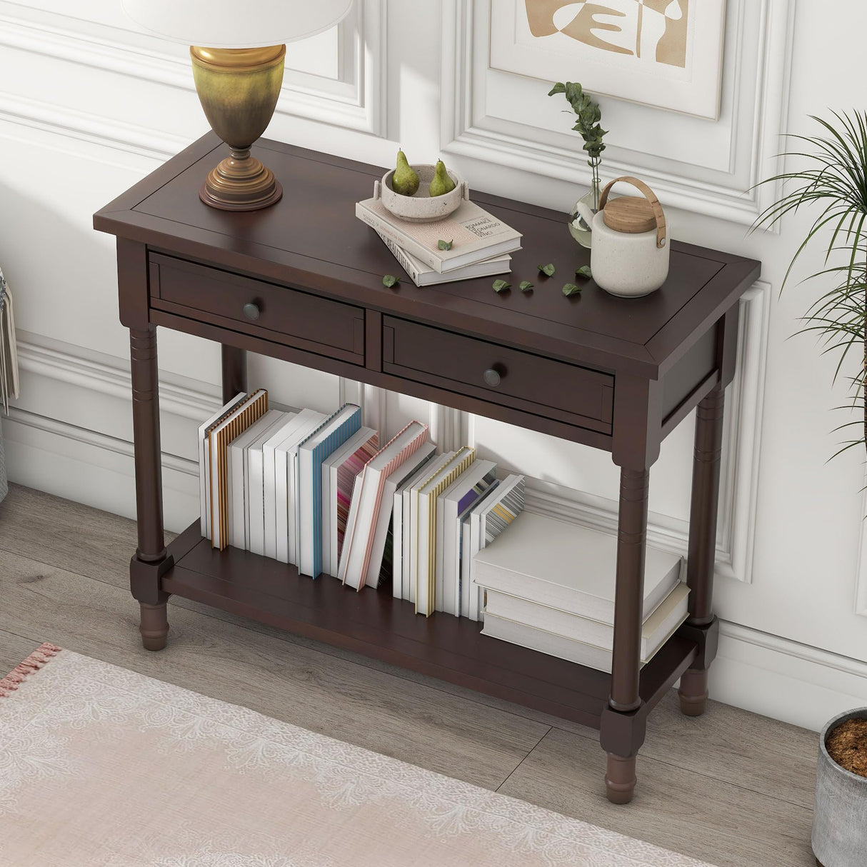 Narrow Entryway Table with 2 Storage Drawers and Bottom Shelf Wood Farmhouse