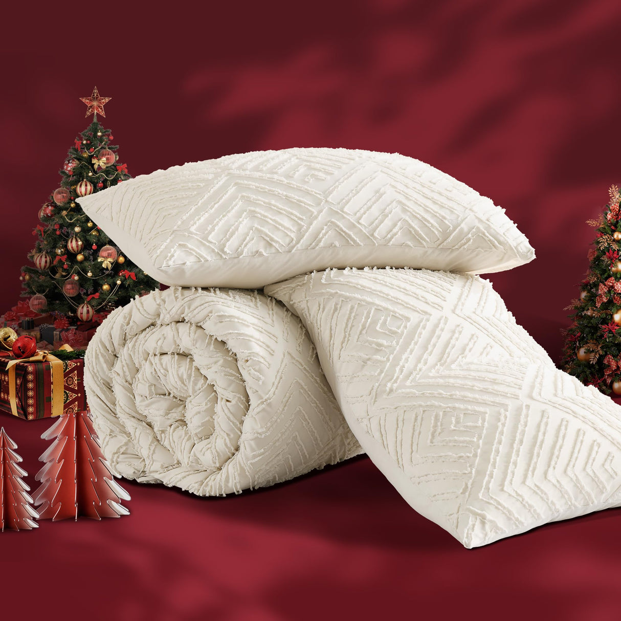 King Size Comforter Set Beige, 3 Pieces Boho King Bedding Comforter Set Cream, All Season Soft Lightweight Tufted Textured Down