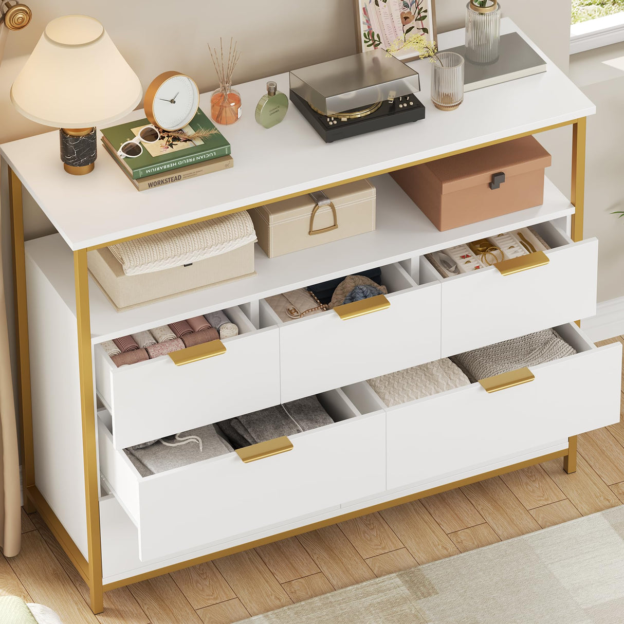 Modern 7 Drawer Dresser, White Dresser with Metal Handles, White and Gold Dresser