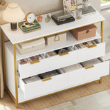 Modern 7 Drawer Dresser, White Dresser with Metal Handles, White and Gold Dresser