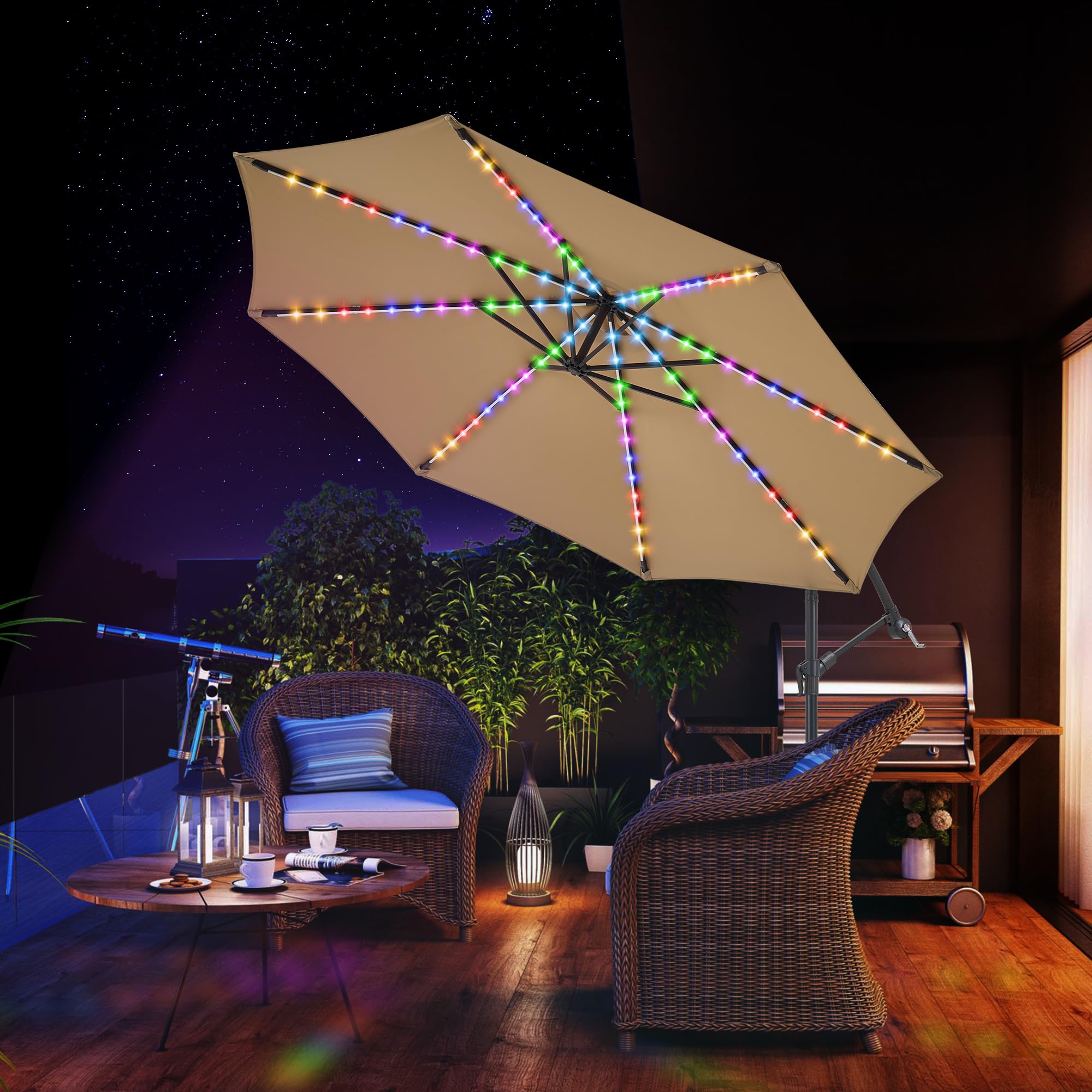 PEAKVONDER 10 ft Cantilever Offset Patio Umbrella With Solar Lights, Large Outdoor Umbrellas for Patio, Dual Charging, 200+ Light Modes, Heavy Duty, for Pool, Deck, Market, Tan HPU032T
