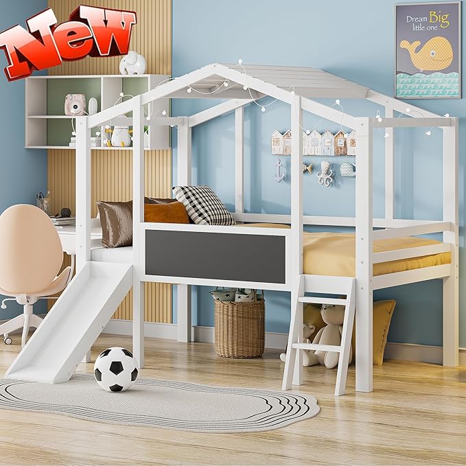 Kids House Loft Bed with Slide, Twin Size Low Loft Bed with LED Lights & Blackboard