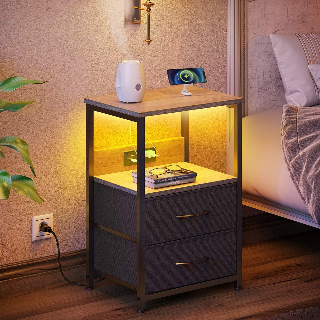 Nightstand Set of 2 with Charging Station, Bedside Table with LED Lights, Night Stand