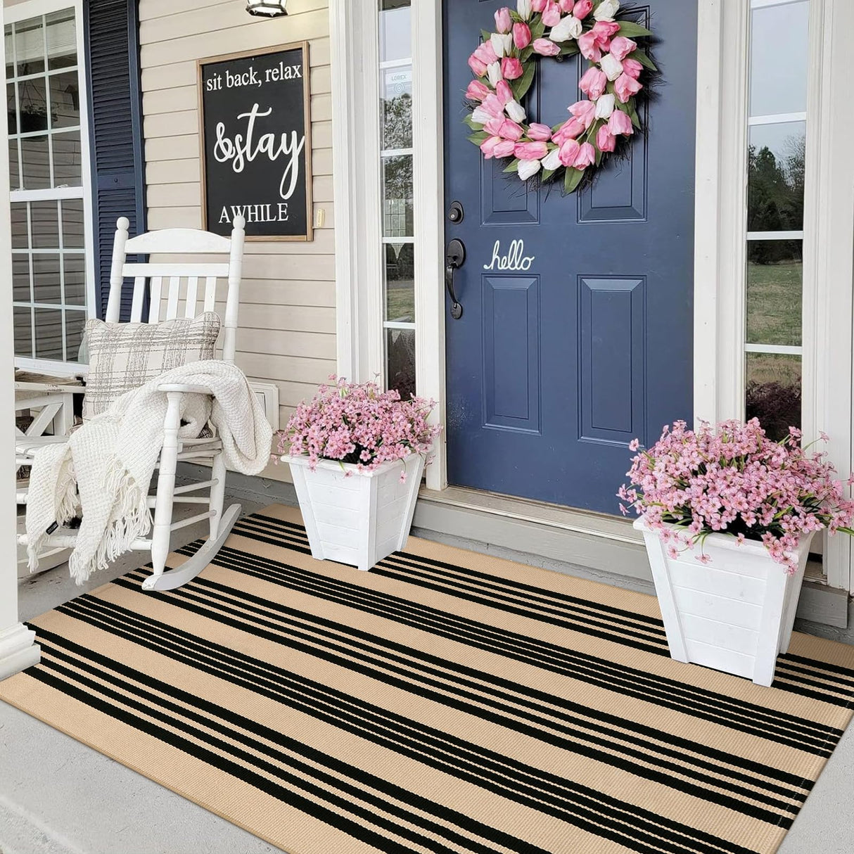 Black and Khaki Striped Rugs 3x5, Outdoor Cotton Hand Woven Front Door Mat,Washable