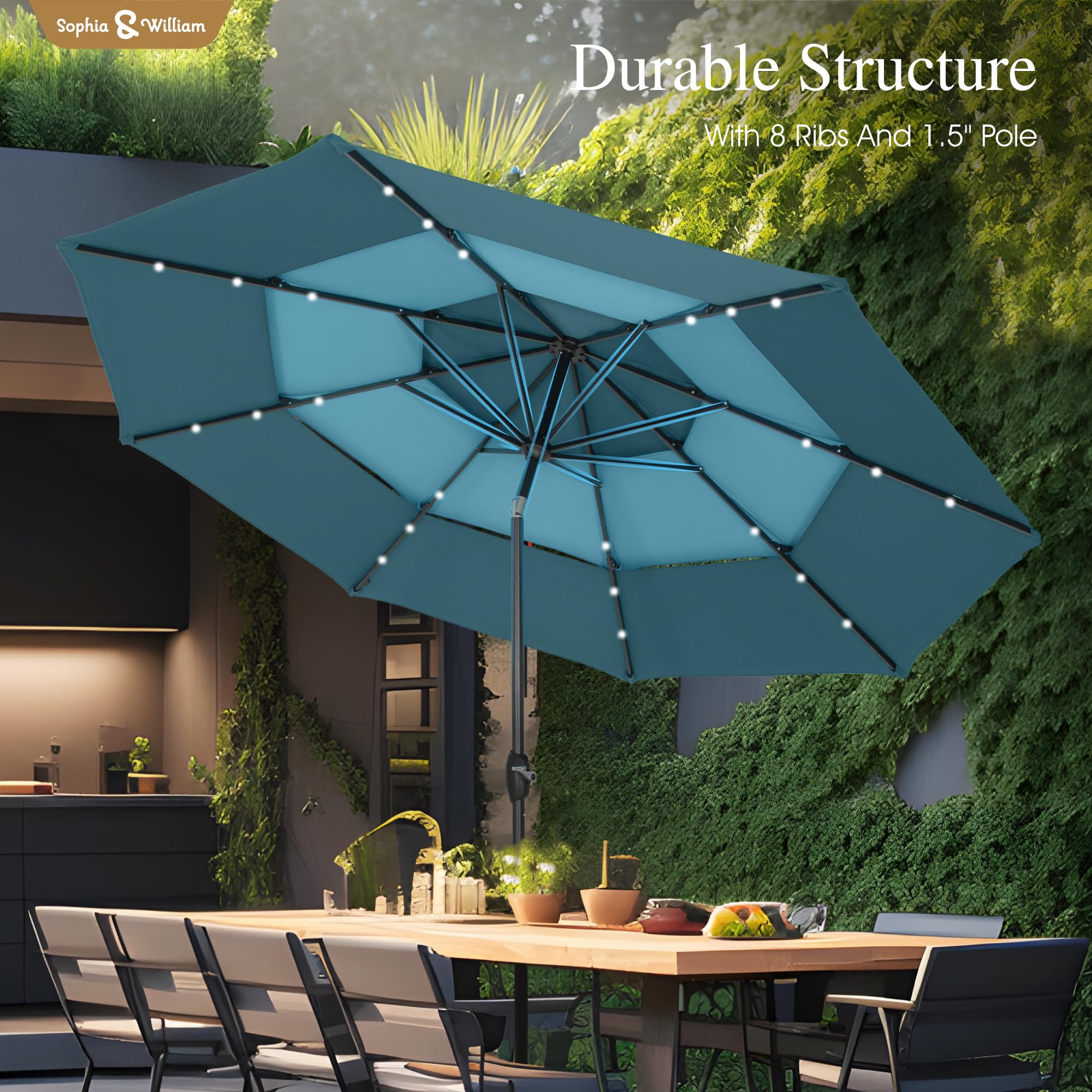 Sophia & William 10ft Patio Umbrellas 3-Tier Umbrella Outdoor Patio Umbrellas with Lights Vented Top 24 LED lights Adjustable Tilt for Pool Garden Backyard, Mixed Peacock