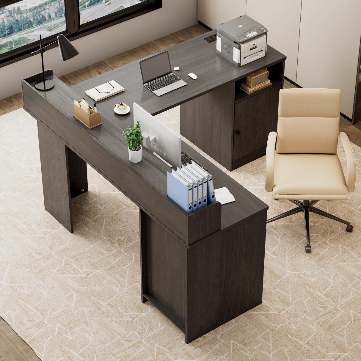 Shaped Desk with LED Lights & Power Outlets, 60" Corner Computer Desk