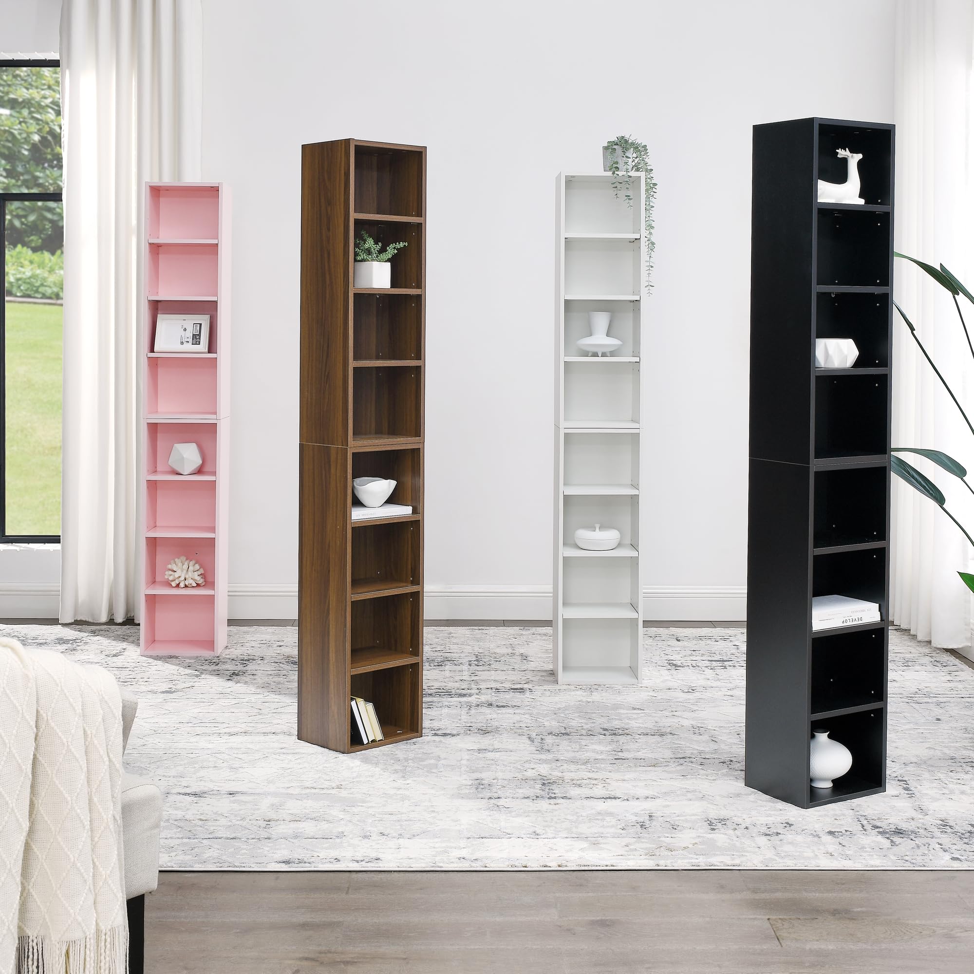 8-Tier Bookcase with Adjustable Shelves,Tall Narrow Book Shelf w/Storage, Display Bookshelf Multi-Functional Double-Decker Storage Organizer for Home Office (White)