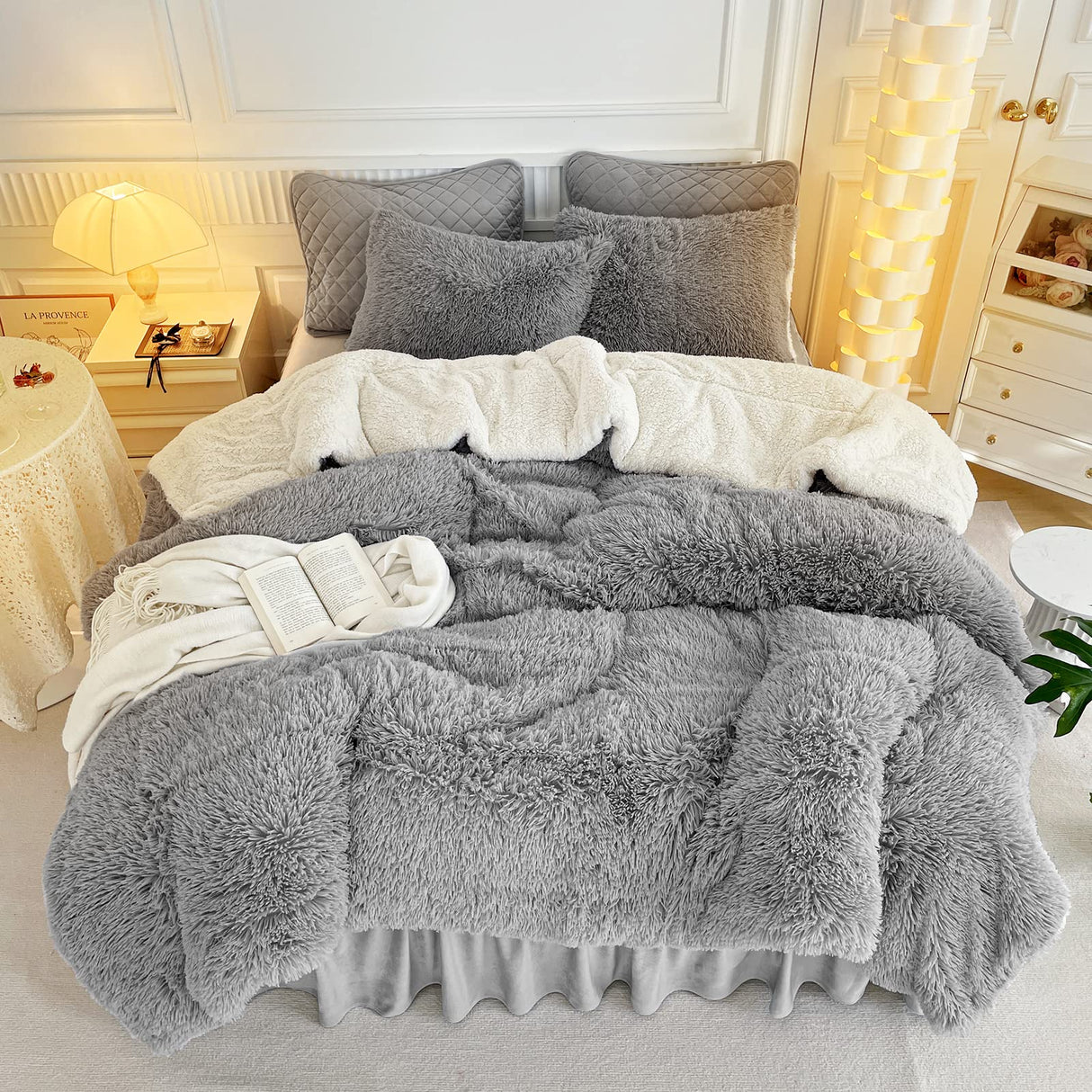 Gray Faux Fur Comforter Set King 3 Pieces - 1 Shaggy Comforter 104x90 and 2 Pillowcases