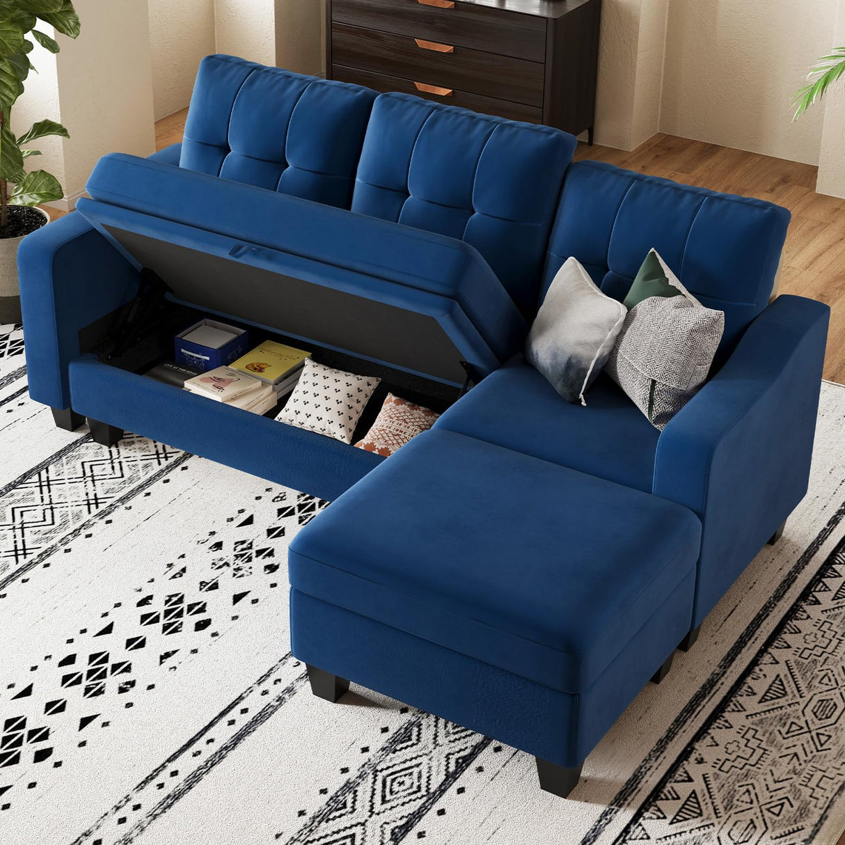 Velvet Sectional Couch with Storage, L Shaped Sofa with Chaise for Small Space, Blue