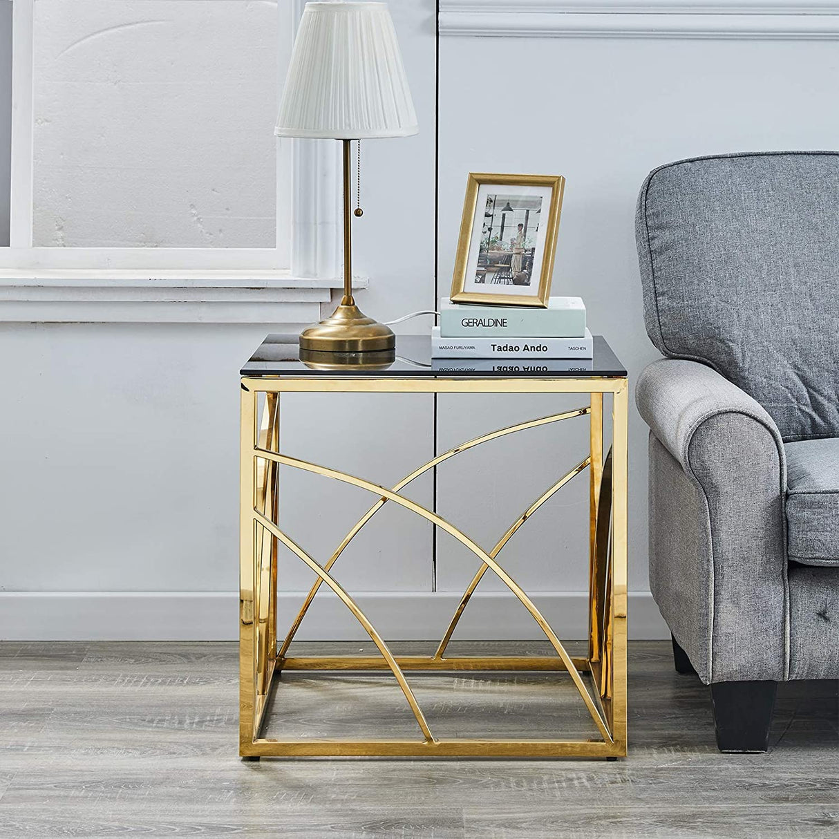 Accent Glass End Table Gold- Set of 1 Modern Square 21.45" Small Coffee Table Tempered