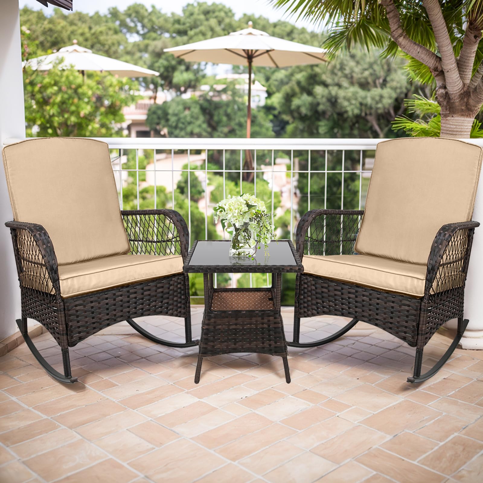 3 pcs Rocking Bistro Set Conversation Chairs PE Wicker Outdoor Chairs(Rocking Set,Khaki)