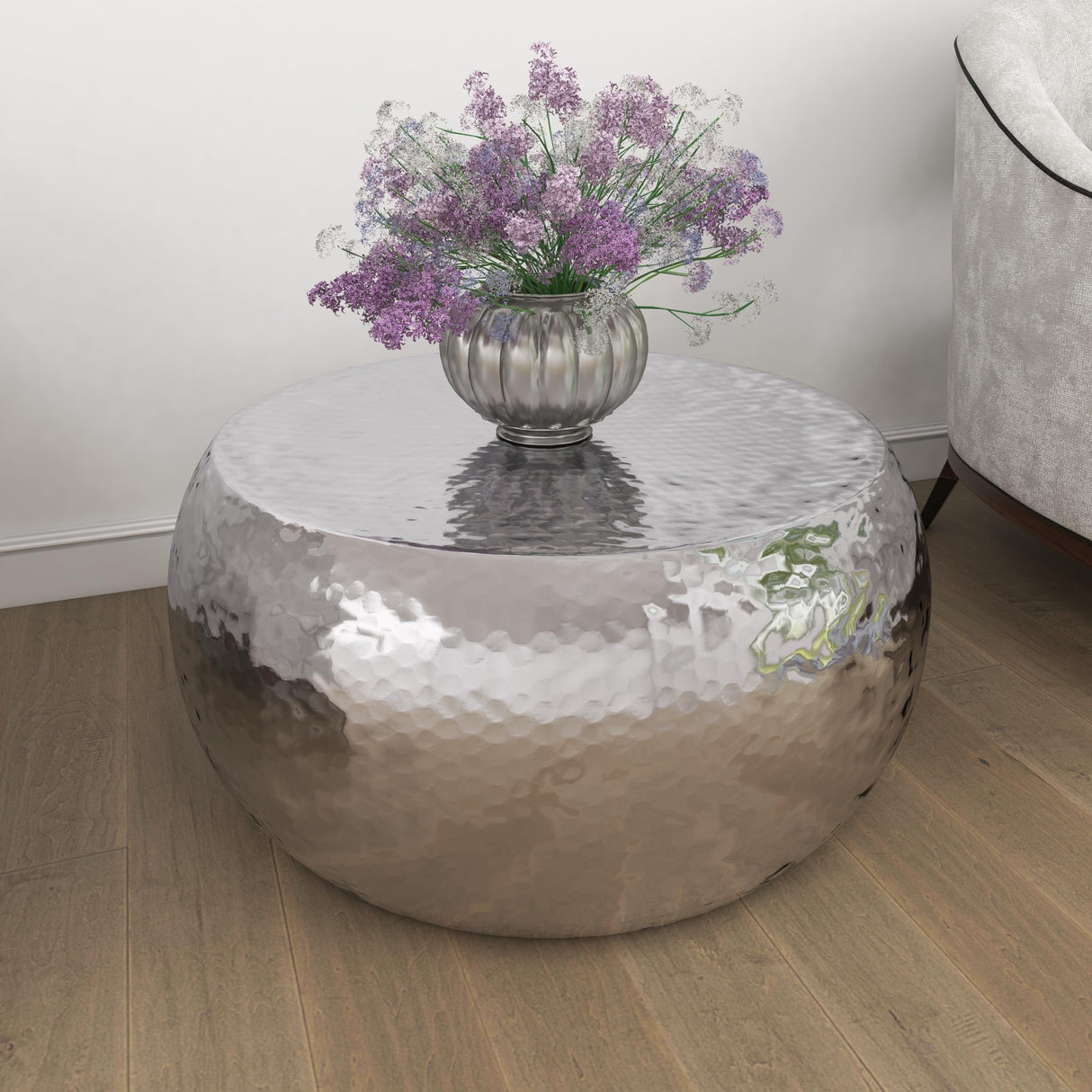 Aluminum Metal Living Room Coffee Table Drum Shaped Table with Hammered Design