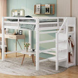 Full Loft Bed, Loft Bed Full Size with Storage Staircase and Wardrobe for Clothes, Wooden