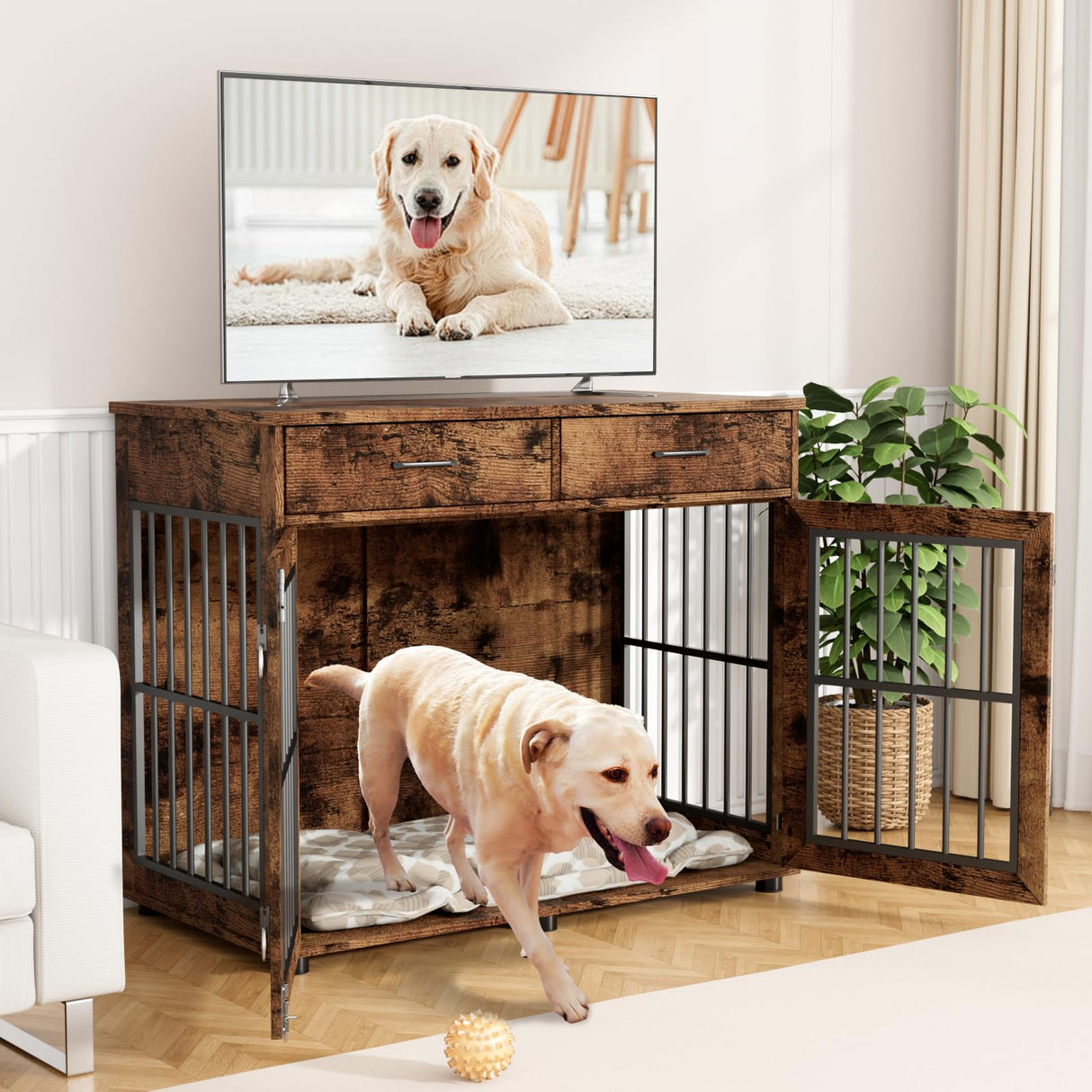 43.3" Large Wooden Dog Crate Furniture with Storage Drawers