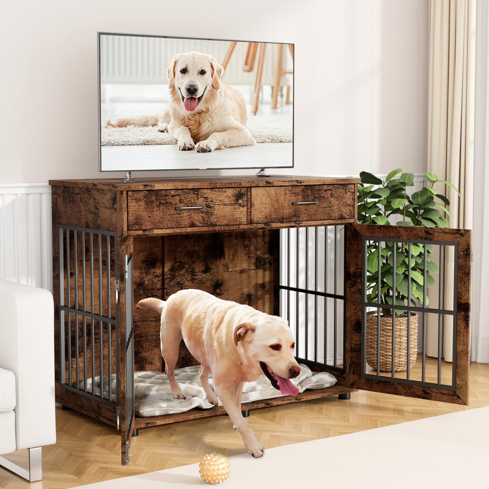 43.3" Large Wooden Dog Crate Furniture with Storage Drawers