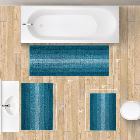 Gibelle Teal Bathroom Rug Set 2 Piece, Chenille Non Slip Bath Mat Set, Absorbent Shower Rug and Bath Room Floor Mats, Quick Dry Bathmat Bathroom Decor Accessories for Tub, 16" x 24", 20" x 32"