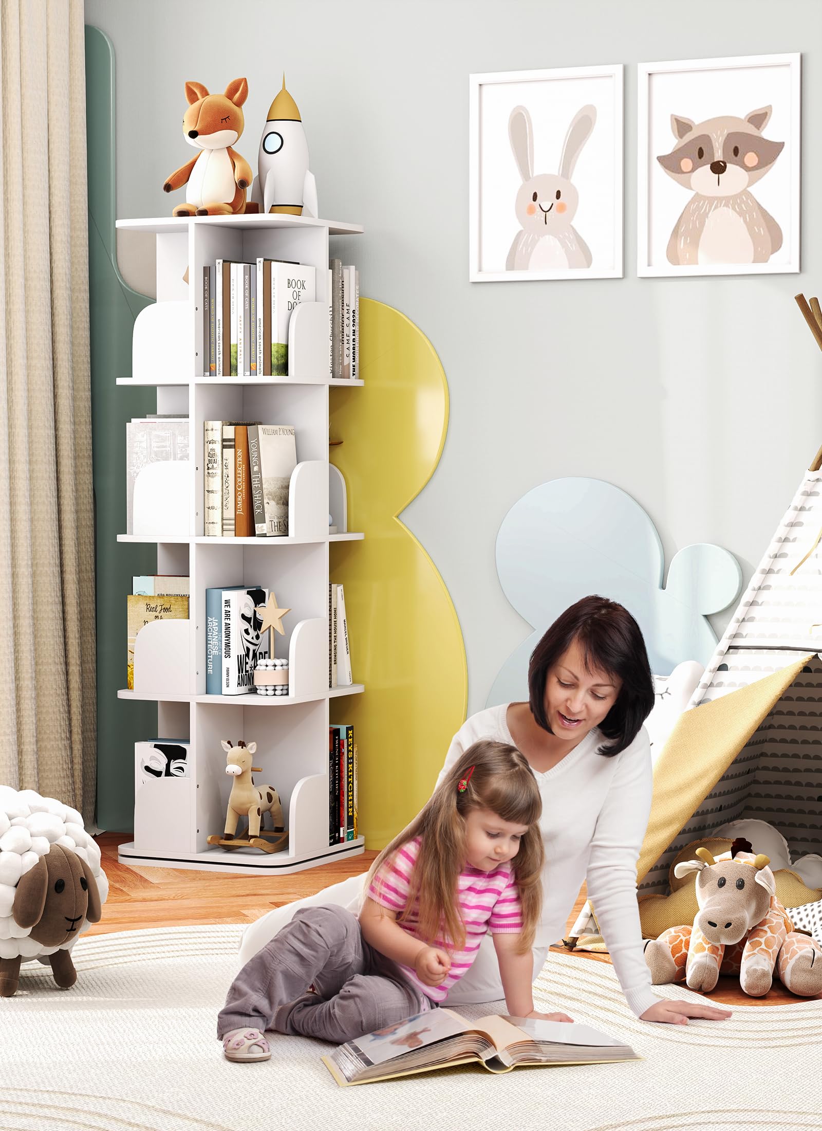 Bookshelf, Small Corner Bookshelf for Small Space, 360 Display 4 Tier Floor Standing