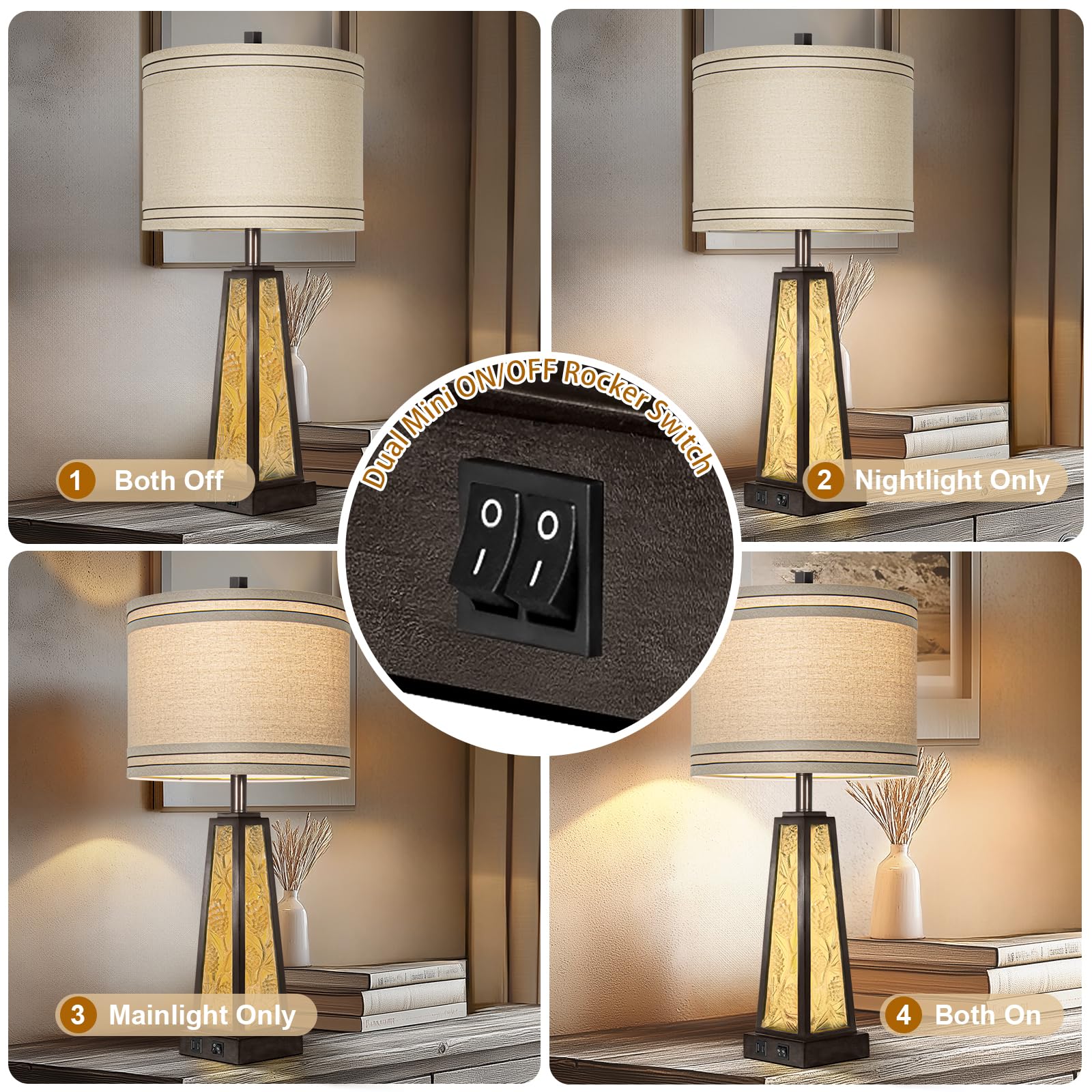 28" Rustic Table Lamp Set of 2 with Night Light, Farmhouse Bedside Lamps with USB,