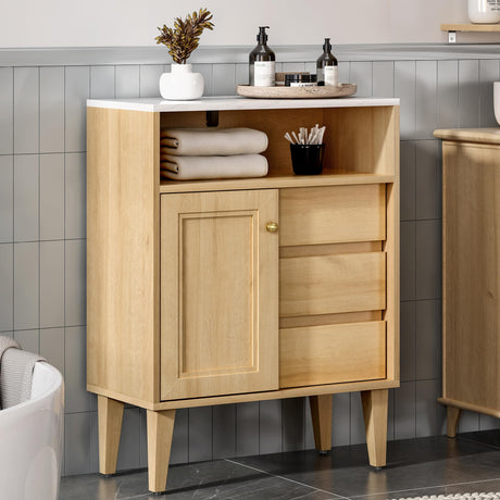 Bathroom Storage Cabinet with 3 Drawer & Sliding Door, Floor Accent Cabinet with Open Compartment,