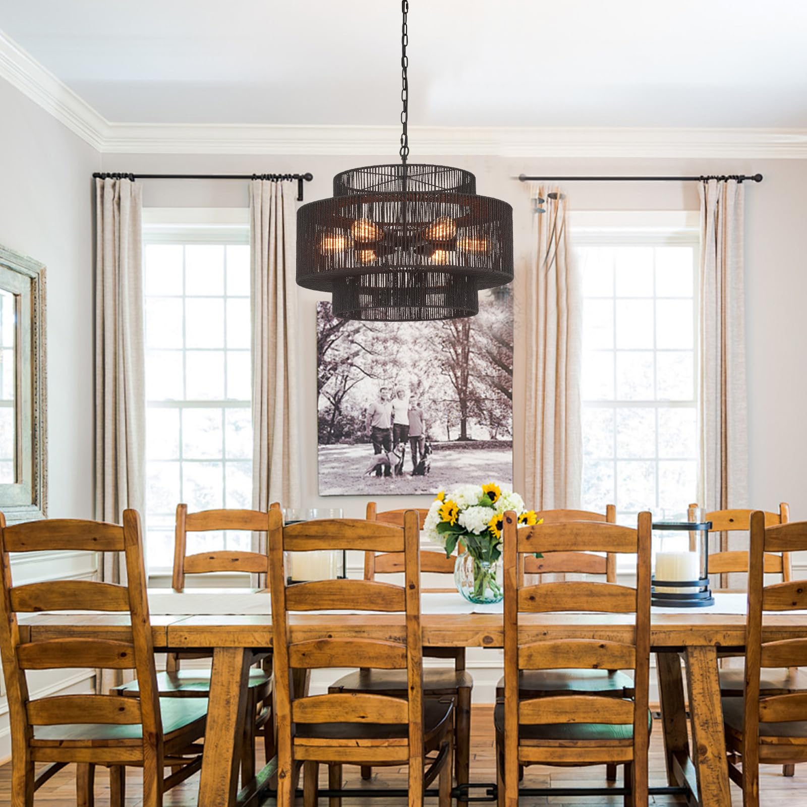 Widluth Hand-Woven Rattan Chandelier Vintage 6-Light Farmhouse Boho Bamboo Chandeliers Light Fixture 23.6" Retro 3-Tier Drum Wicker Rattan Black Chandelier for Dining Room, Kitchen Island, Bedroom