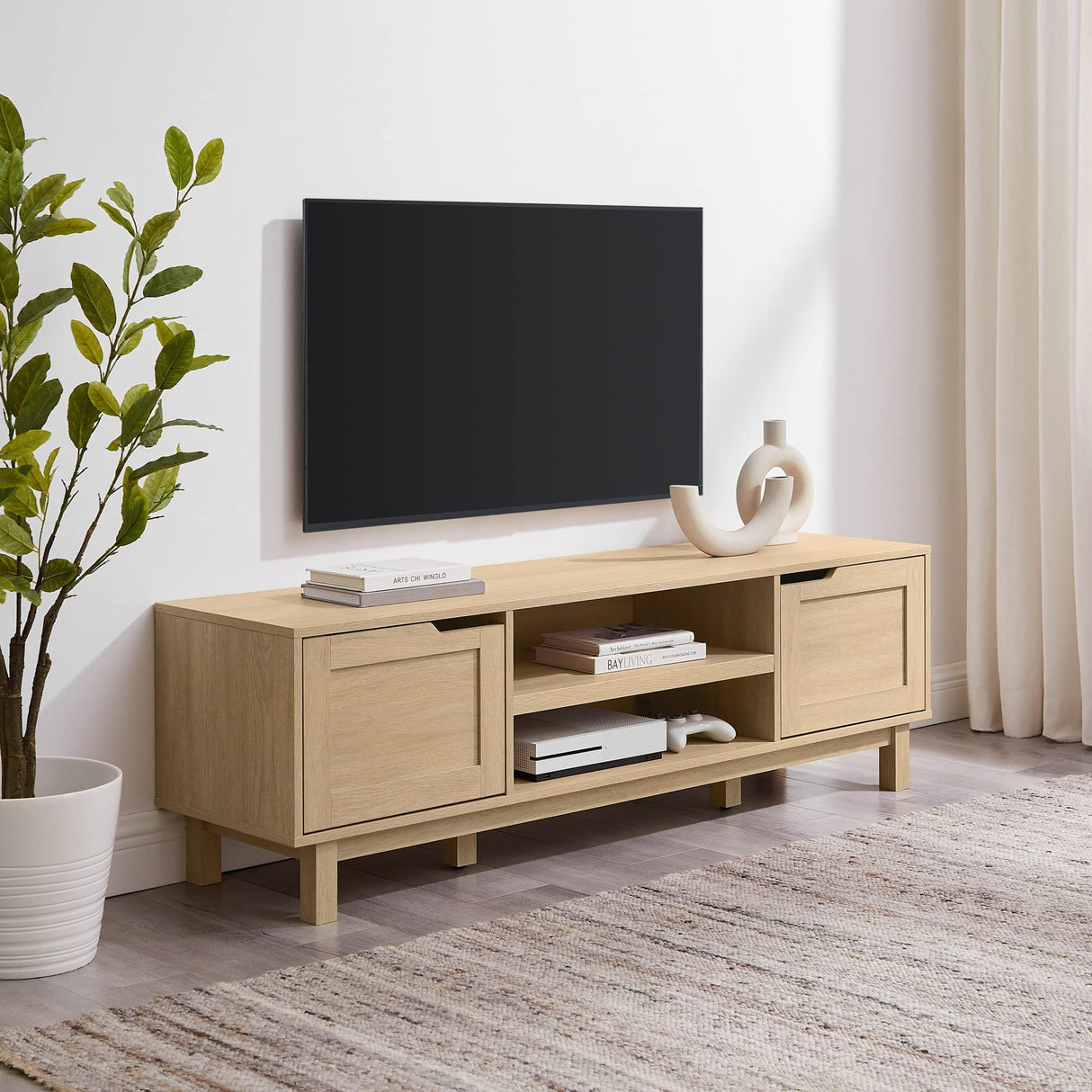 Tage Modern Pull-Open Door Low Stand for TVs up to 65 Inches, 58 Inch, Coastal Oak