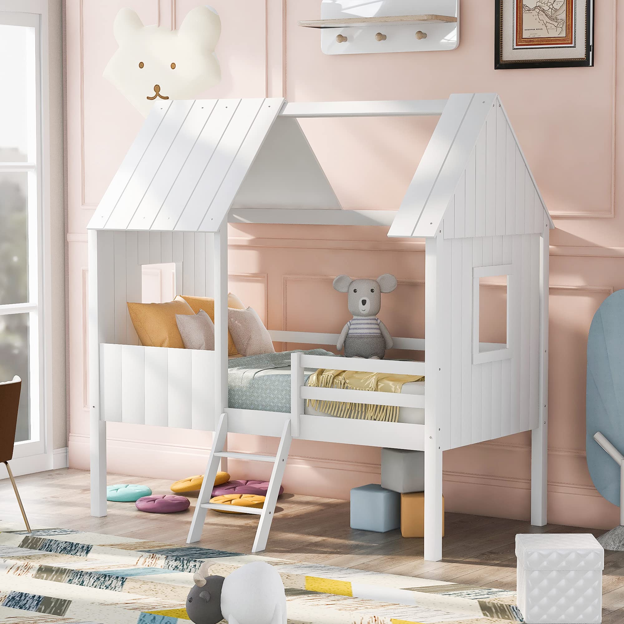 Size Low Loft Bed with Roof and Windows, Wood House Bed with Safety Fence and Two