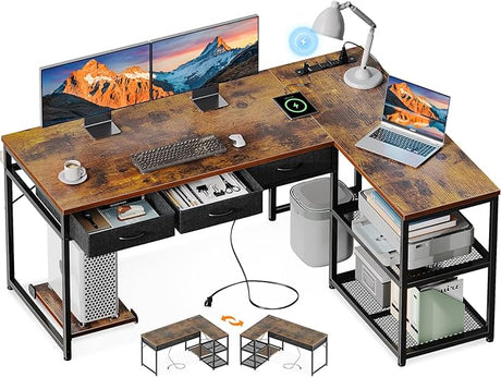 53 Inch L Shaped Computer Desk with Drawers, Corner Desk with Power Outlets & Reversible Storage Shelves