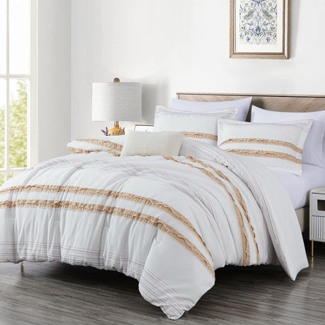 4-Piece Boho Clip Jacquard Comforter Set Twin Size, Taupe Multi-Color Striped Soft Textured Lightweight Bedding for All Season (1 Comforter, 1 Sham, 1 Pillowcase, 1 Cushion)