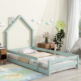 loor Bed with House-Shaped Headboard, Wooden Platform Bed with Full-Length Fences for Kids Boys Girls, Ideal Bed Frame, Easy Assembly, Light Green