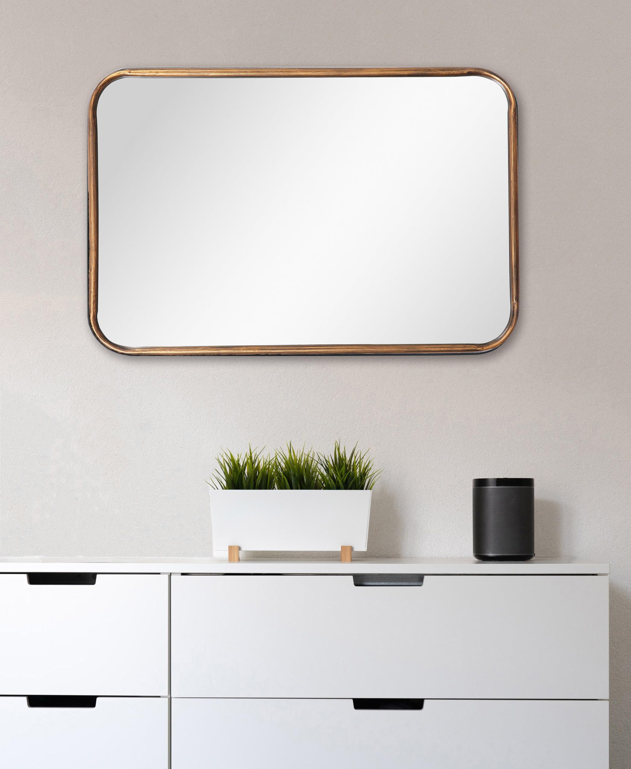 Rectangle Wall Mirror with Rounded Corner Gold Metal Frame Rectangular
