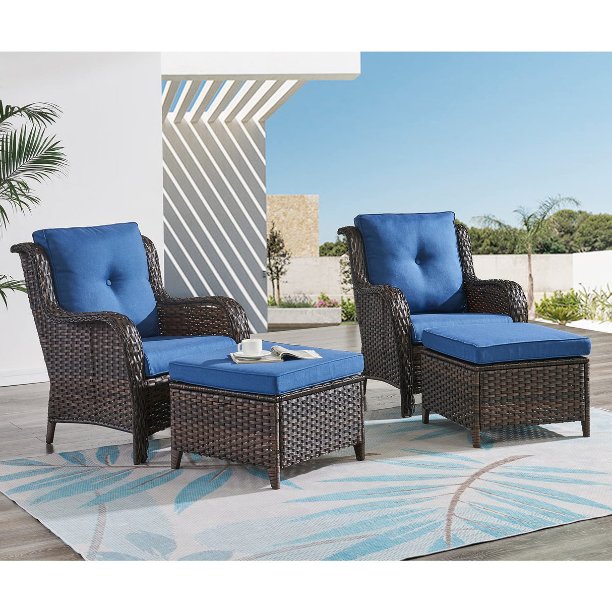 HUMMUH Outdoor Ottomans for Patio Set of 2 PE Wicker Steel Frame Outdoor Footstool for Patio, Backyard, Additional Seating, Side Tables with Removable Weather-Resistant Cushions