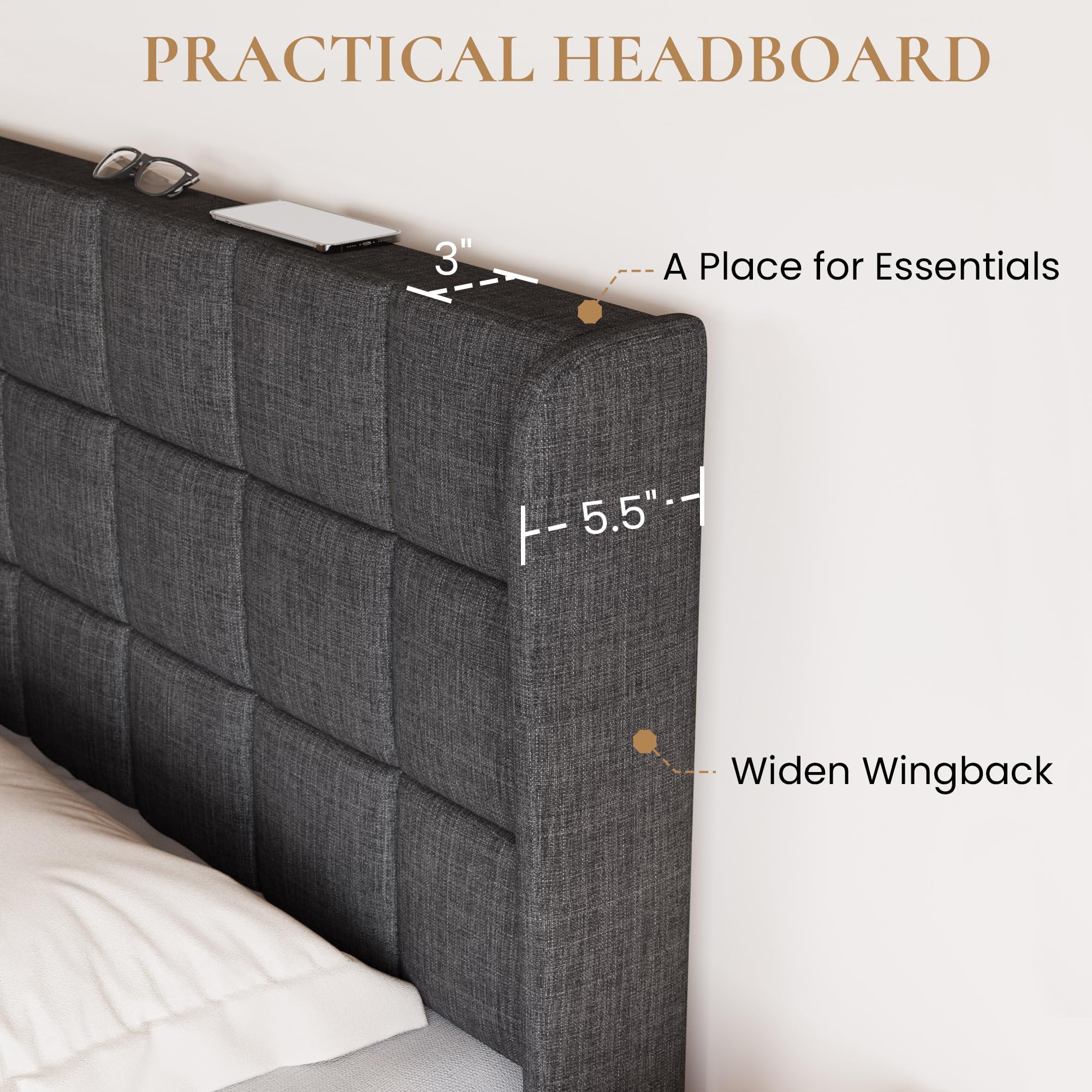 Queen Upholstered Bed Frame with Square Tufted Headboard and 5.5" Wingback