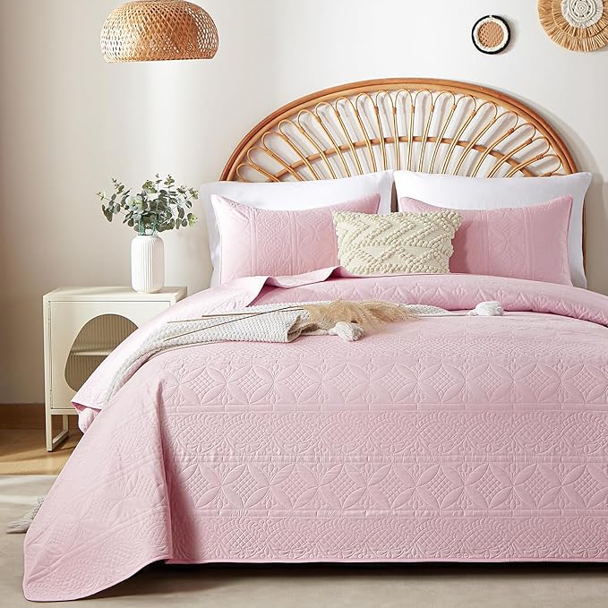 Pink Quilt Set Queen Size, Bohemian Queen Quilt Set for All Season