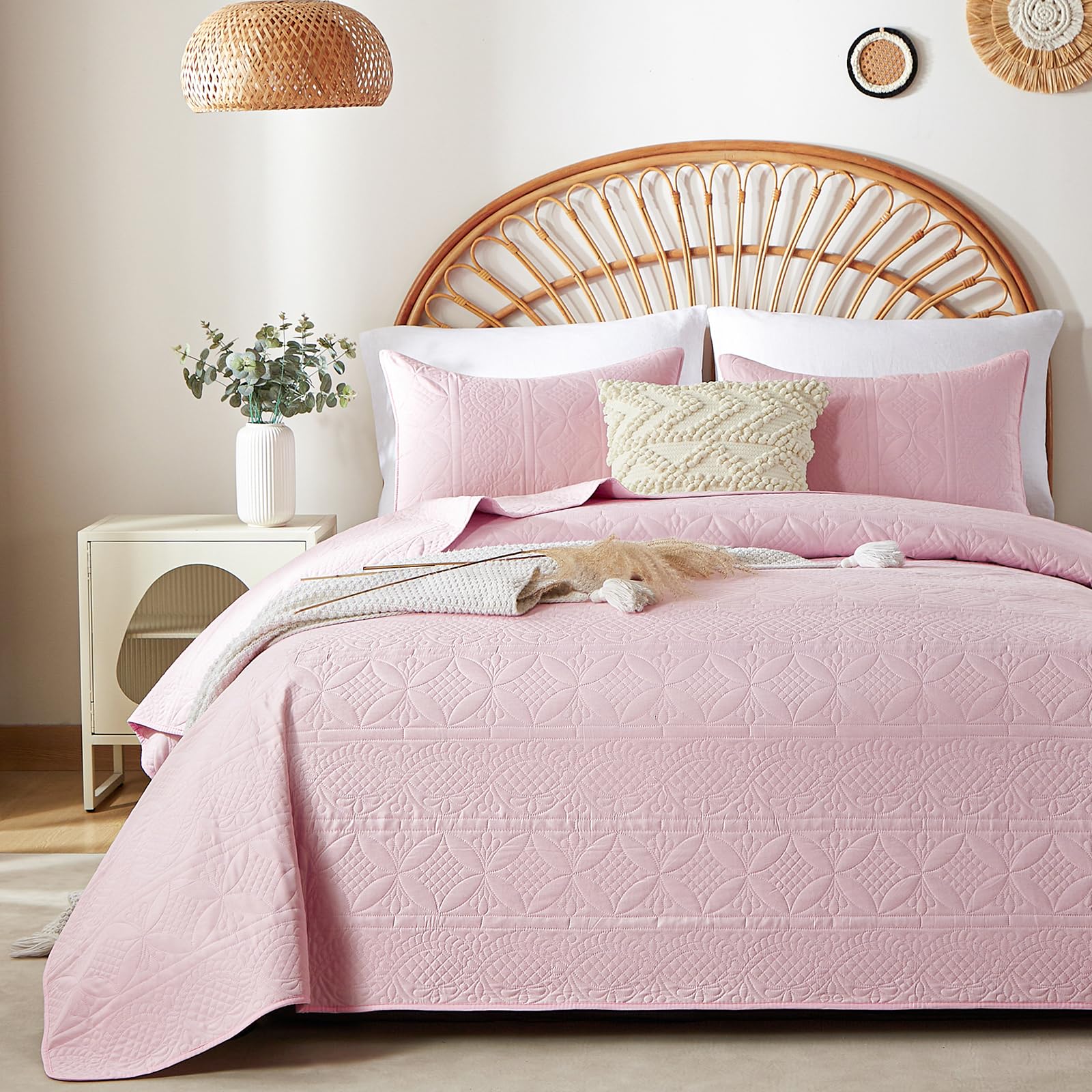 Pink Quilt Set Queen Size, Bohemian Queen Quilt Set for All Season