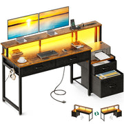 55-Inch Computer Desk with File Cabinet and Fabric Drawers, Reversible Office Desk