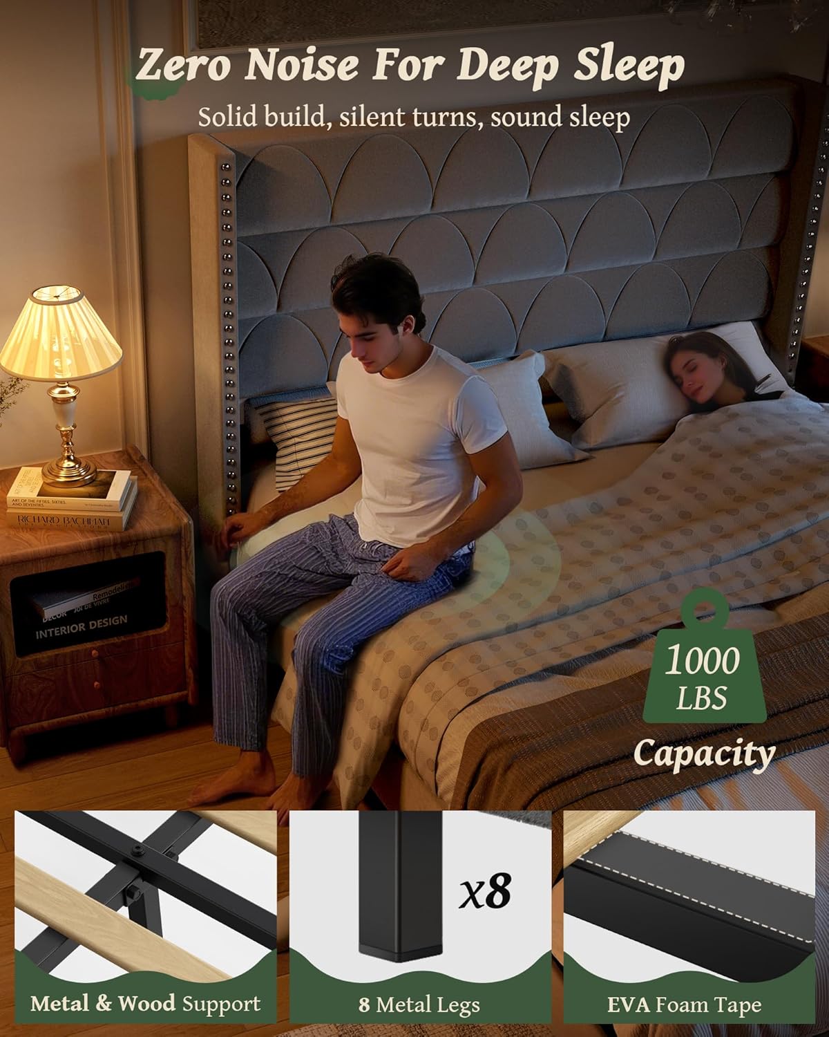 King Size Velvet Platform Bed Frame with 56" Wingback Headboard