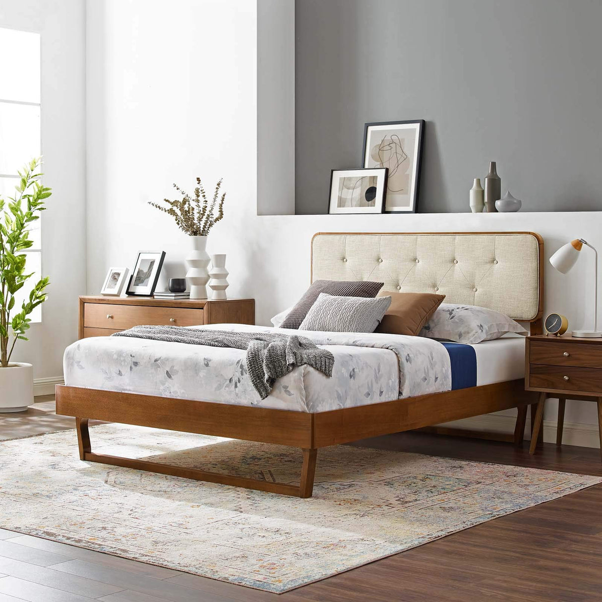 Bridgette Wood Platform Bed with Angular Frame, King, Walnut Beige