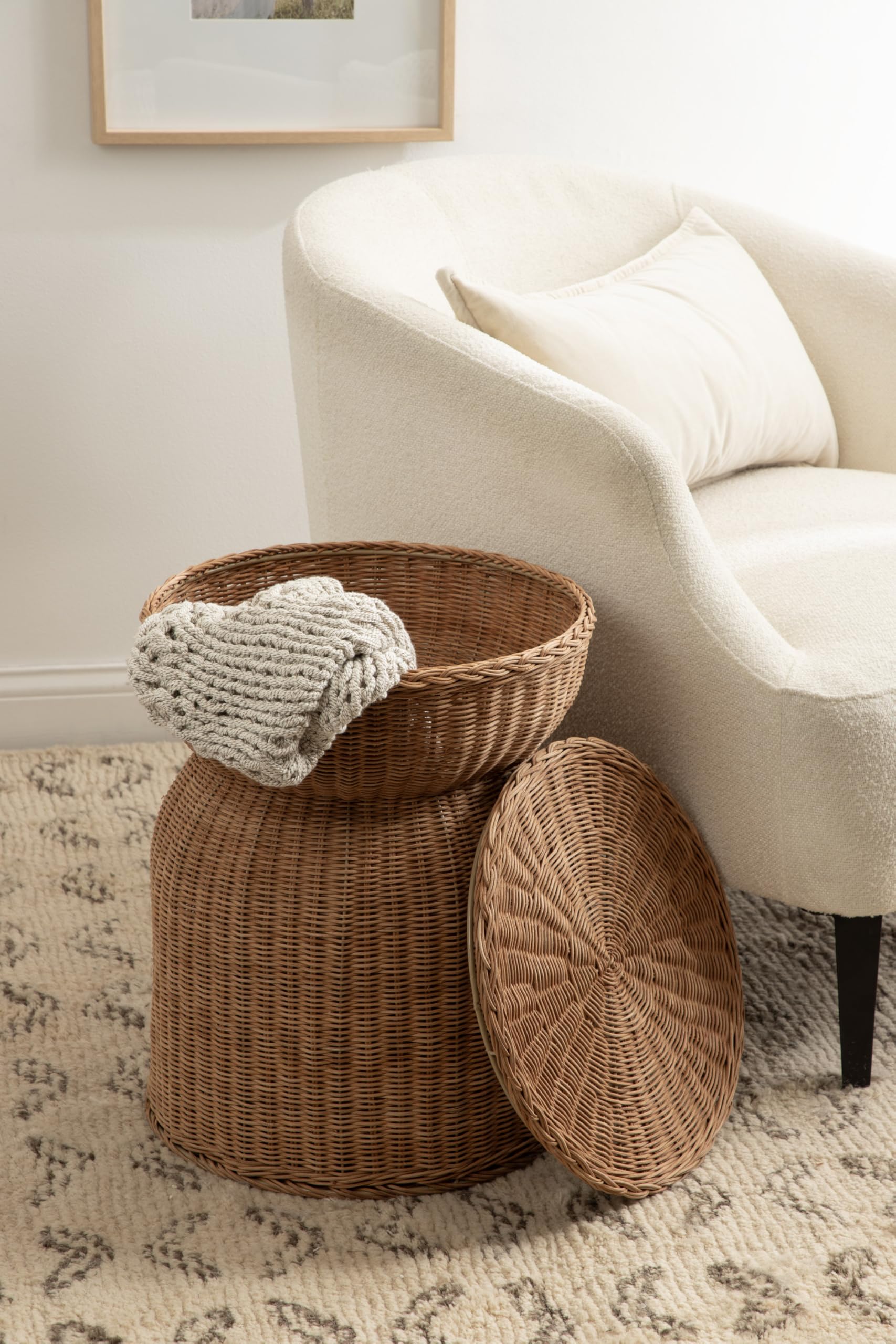 Thatch Modern Woven Rattan Round Storage Side Table, 17 x 17 x 21, Natural Rattan