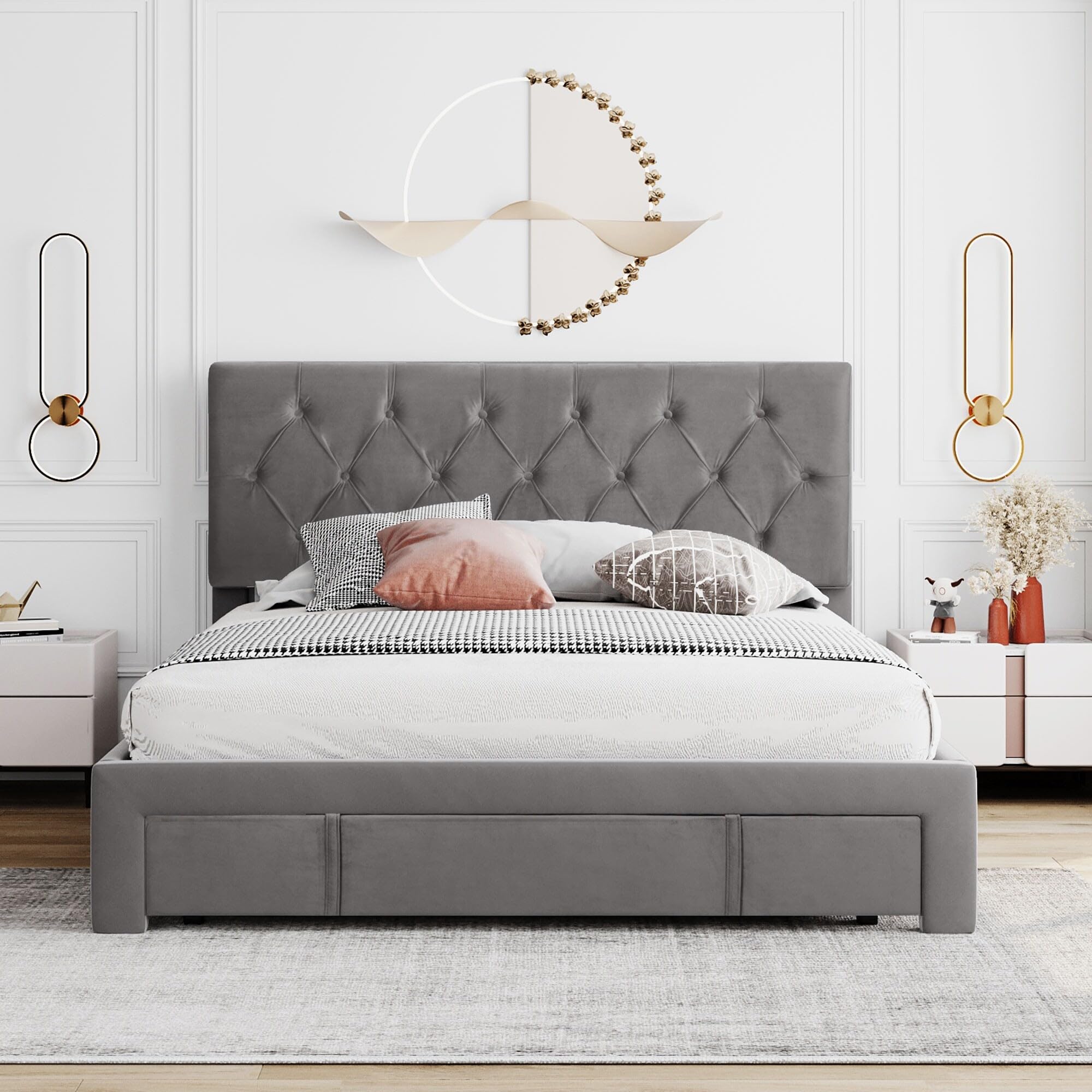 Queen Size Storage Bed Velvet Upholstered Platform Bed