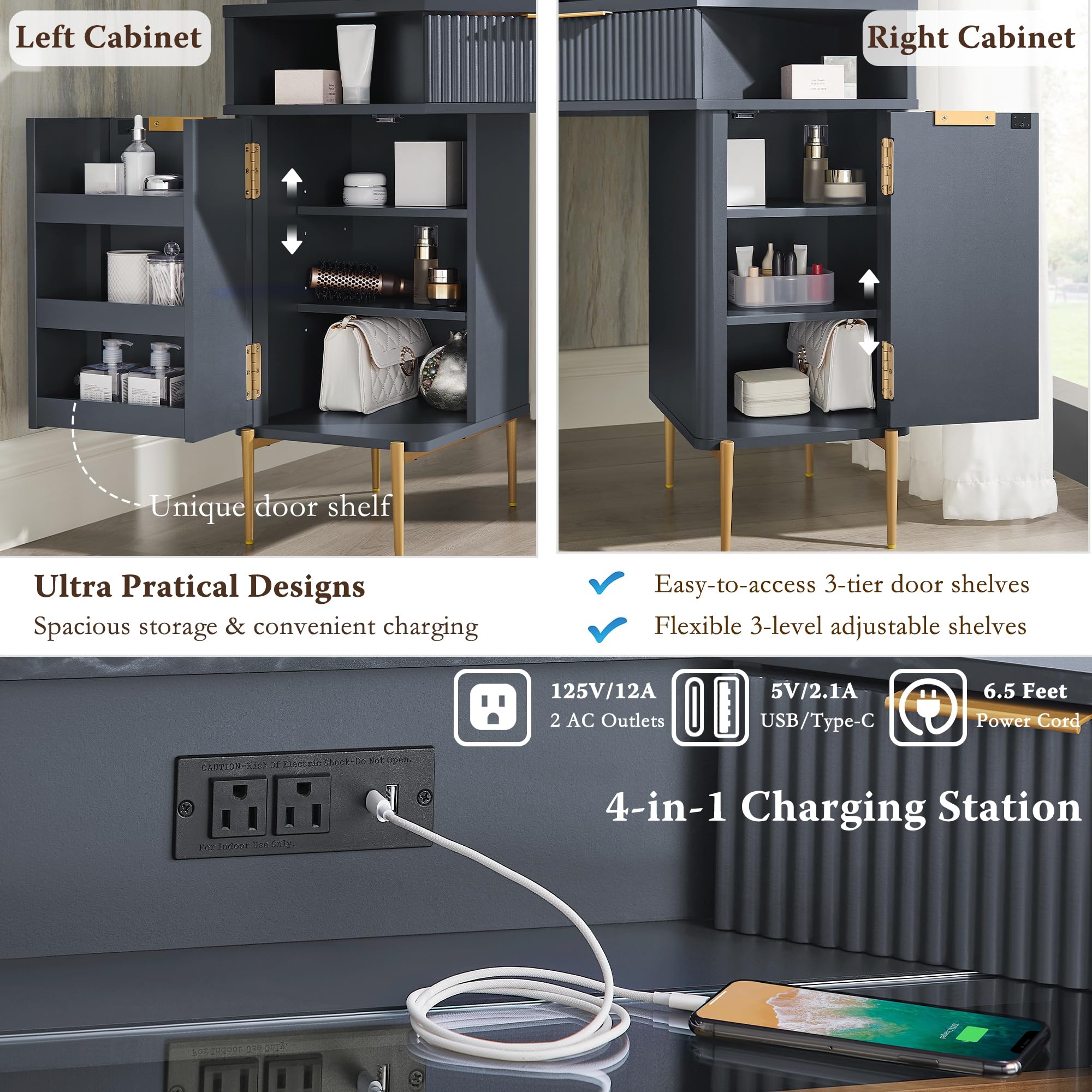 Corner Vanity Desk with Mirror and Lights, 48" Modern Fluted Makeup Vanity with Glass Top