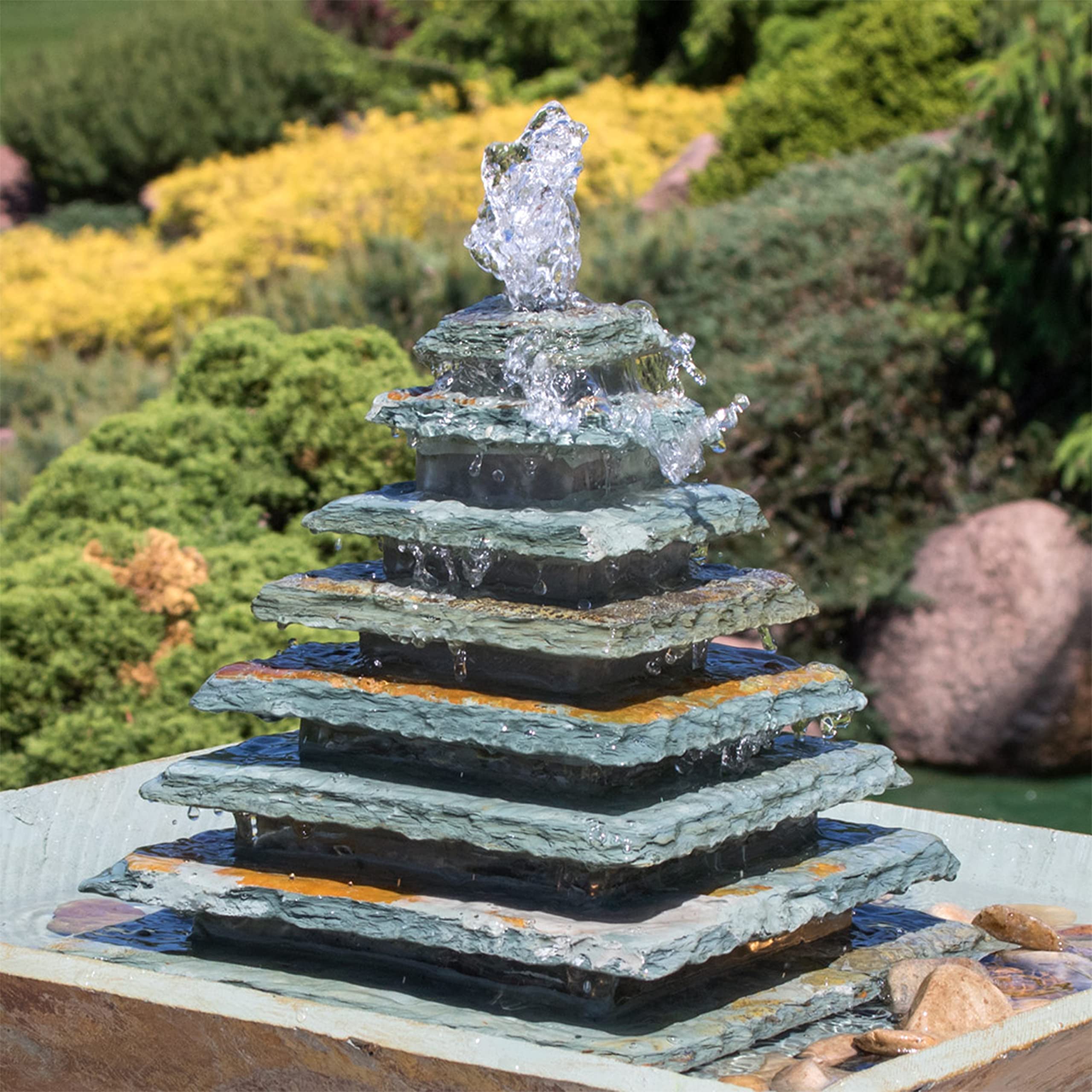 Slate Outdoor Water Fountain - Layered Pyramid Outdoor Water Feature with LED Lights