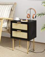 Rattan Nightstand with Charging Station, 2 Drawer Dresser for Bedroom