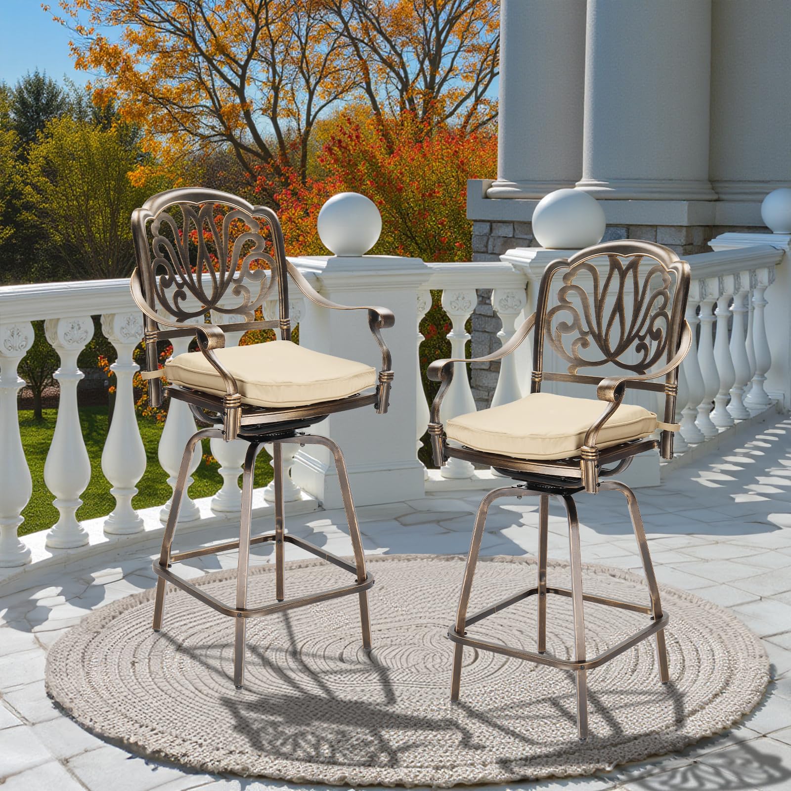 Set of 2 Outdoor Swivel Bar Stools-Cast Aluminum, Bar Height Patio Chairs