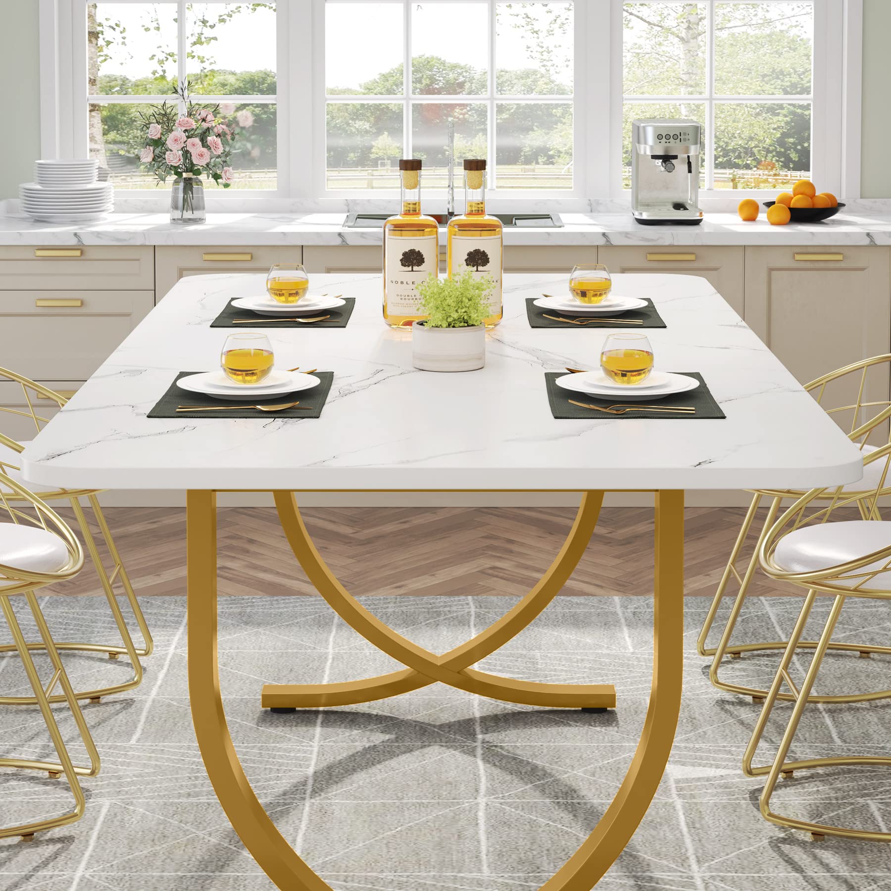 Dining Room Table, Kitchen Table with Faux Marble Table Top and Gold Metal Legs