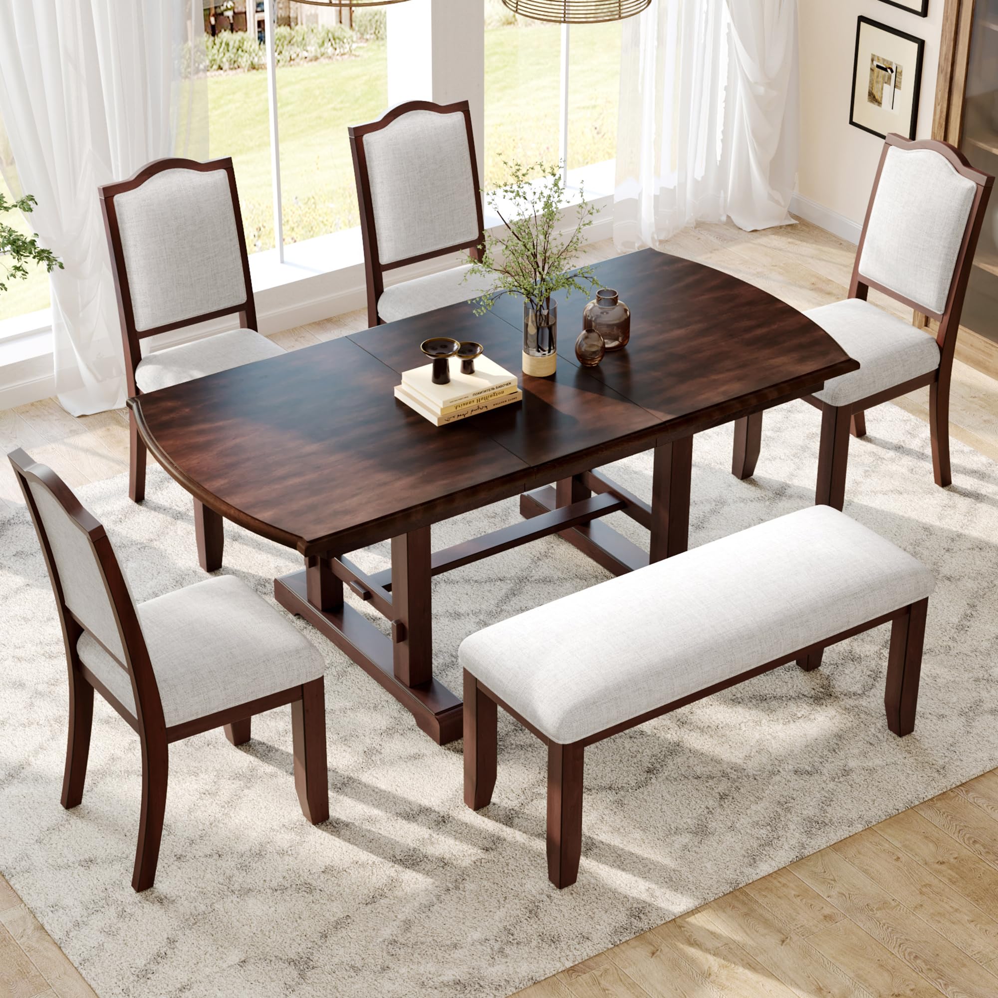 6-Piece Extendable Dining Set - Cherry Wood Table with Upholstered Chairs