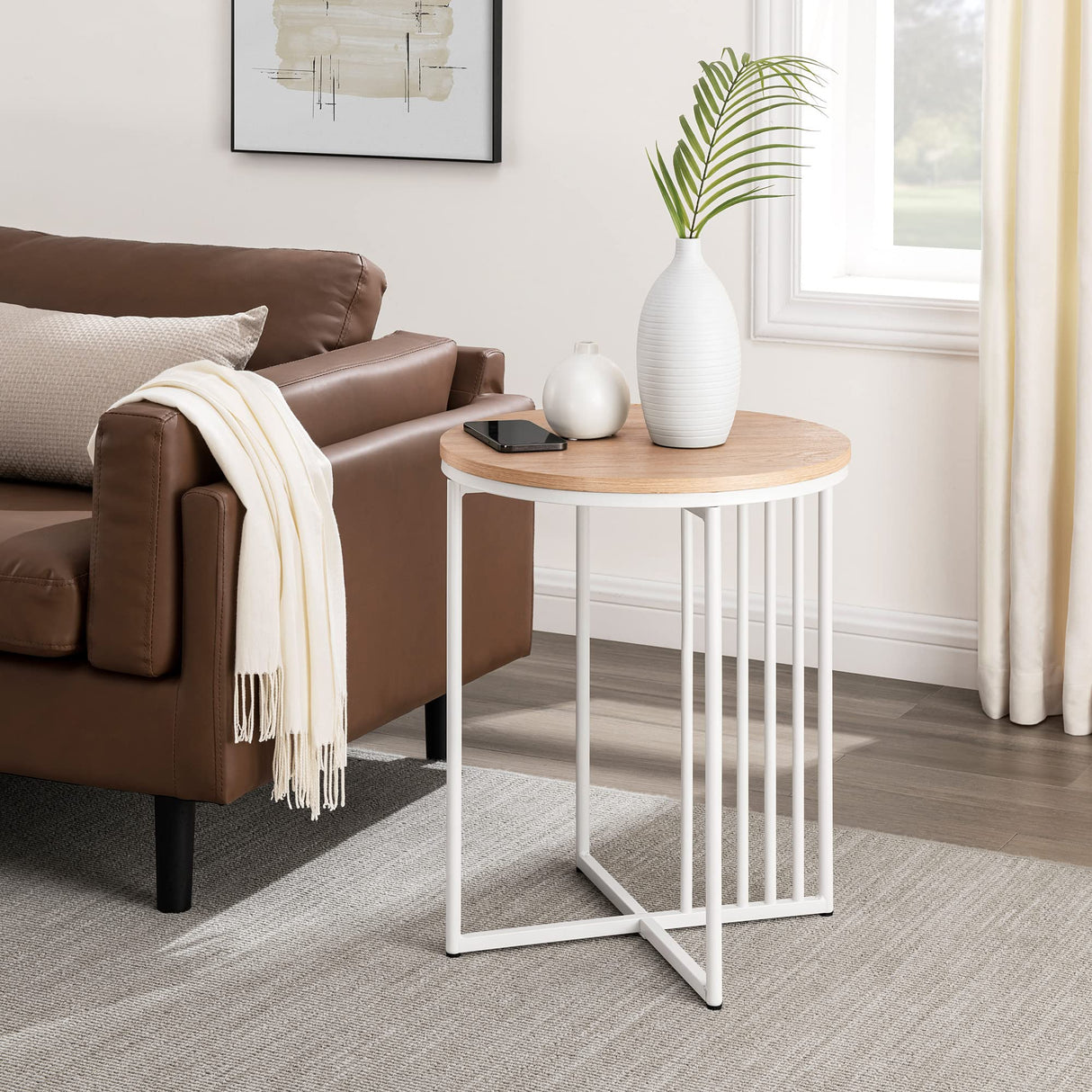 Shae Modern Minimalist Round Side Table, 18Inch, Coastal Oak