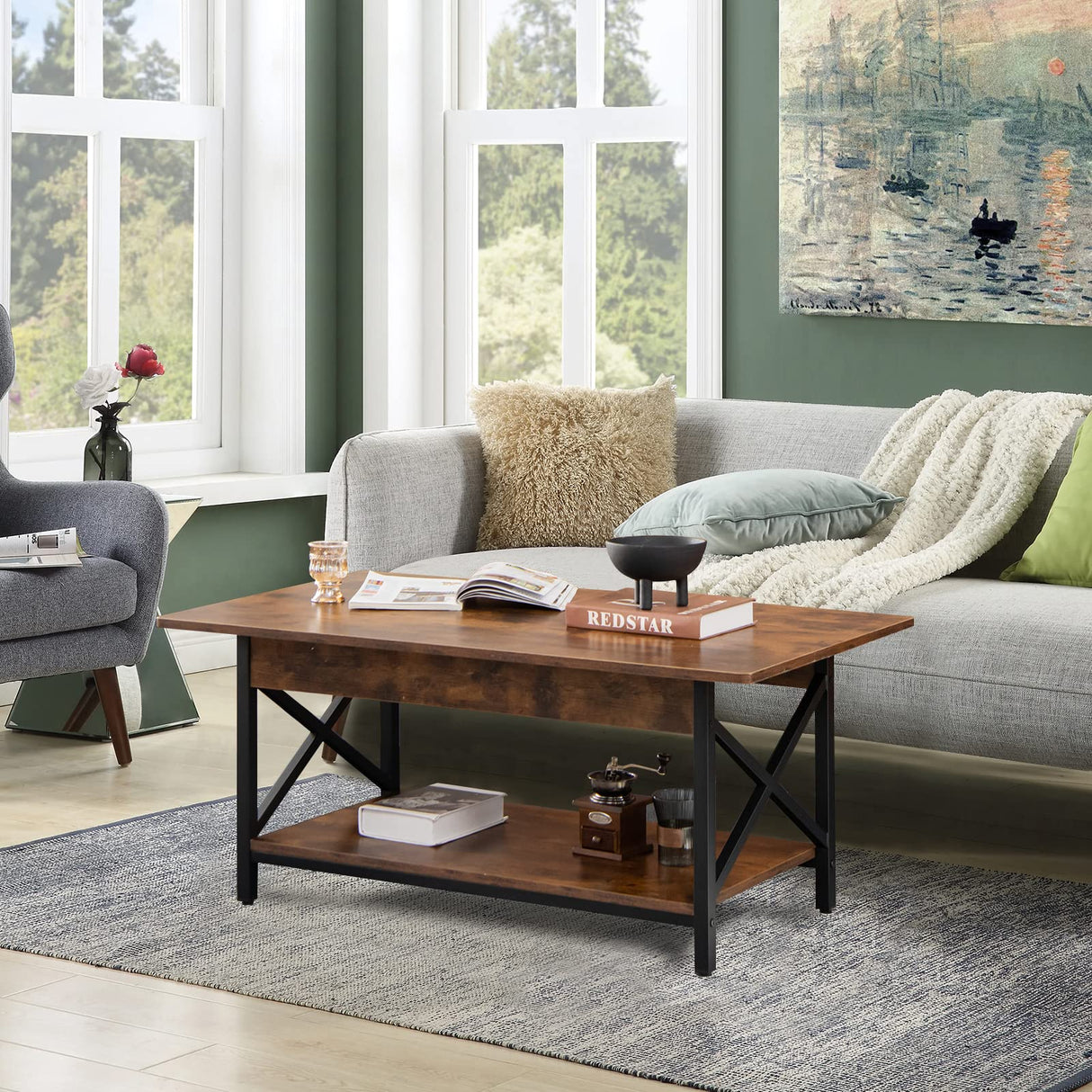 Industrial Coffee Table, 2-Tier Wood Cocktail Tea Table with Storage Shelf