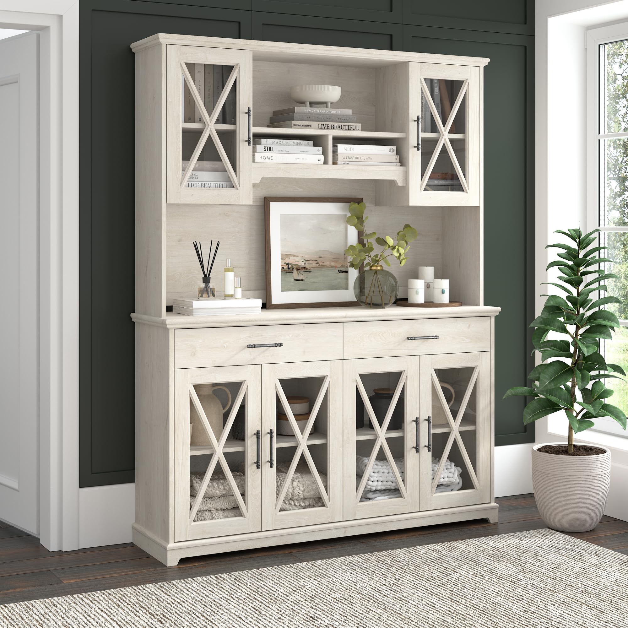 Lennox 60W Farmhouse Sideboard Buffet Cabinet with Drawers in Linen