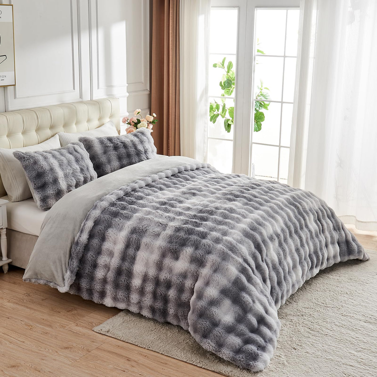 Fluffy Comforter Cover Set-Rabbit Fluff Faux Fur Duvet Cover King Size,Gray White